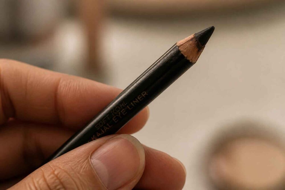 Czarny ołówek w dłoni Dłoń trzyma czarny, zaostrzony ołówek z widocznym grafitem i napisem na korpusie