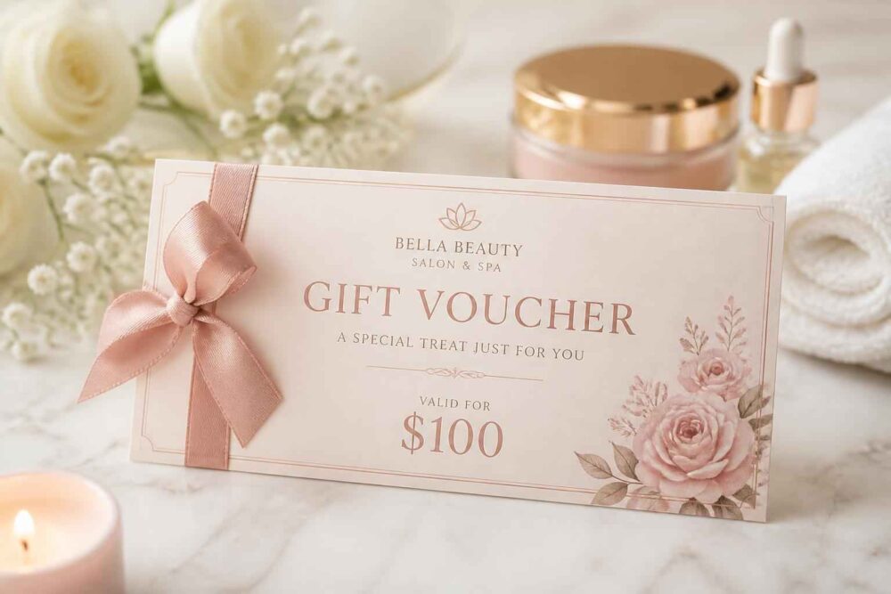Elegancki voucher prezentowy do salonu spa Kremowy voucher Bella Beauty o wartości 100 dolarów z różową kokardą i kwiatowym wzoremഗ്രസ്