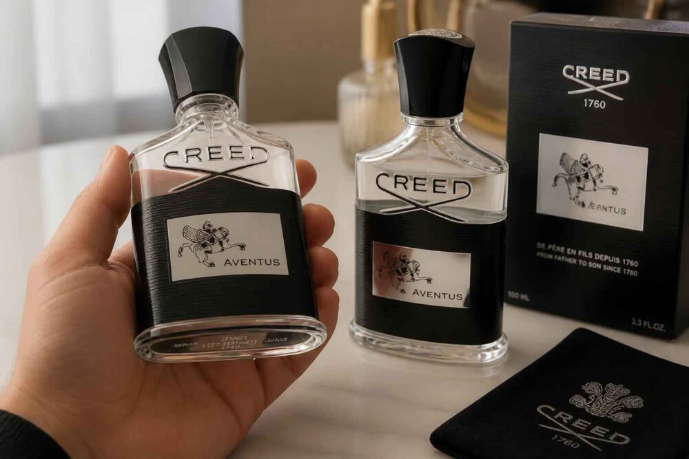 Flakony Creed Aventus na tle opakowania Dwa flakony perfum Creed Aventus, czarne pudełko i etui na jasnym blacie