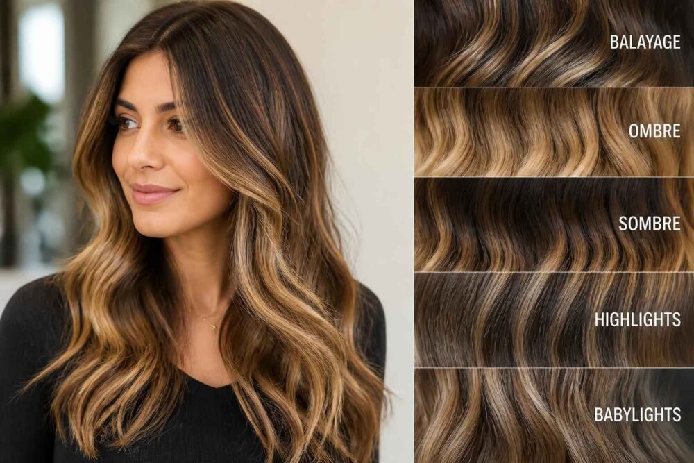 Modne techniki koloryzacji długich falowanych włosów Kobieta z długimi falowanymi włosami obok przykładów balayage, ombre, sombre, highlights i babylights