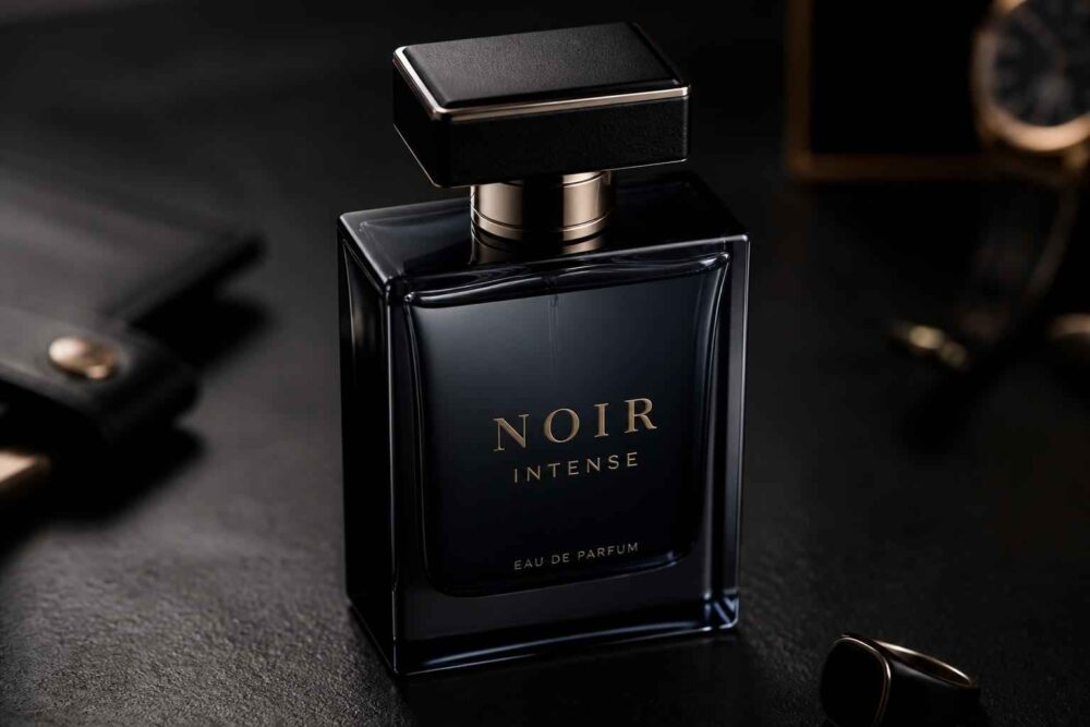 Noir Intense Eau de Parfum Czarny flakon perfum Noir Intense Eau de Parfum na eleganckim, ciemnym tle