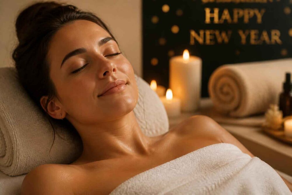 Kobieta odpoczywa podczas zabiegu spa przy świecach i dekoracji Happy New Year