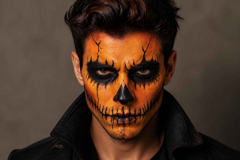 Portret mężczyzny z pomarańczowym makijażem halloweenowym Mężczyzna w czarnej kurtce z pomarańczowym makijażem przypominającym czaszkę na ciemnym tle