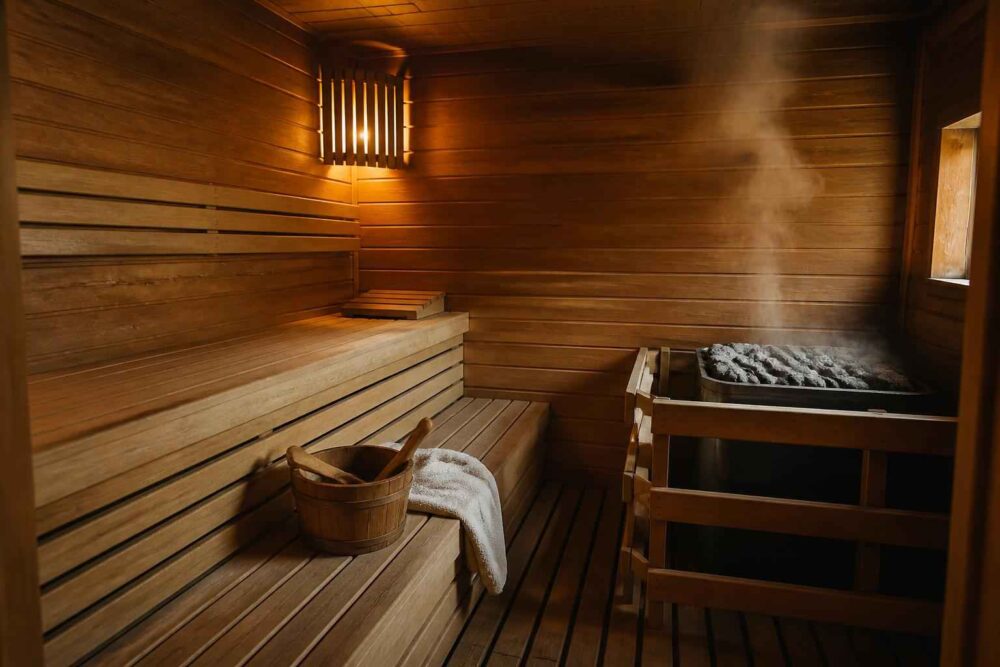 Drewniana sauna z ławkami, wiadrem i piecem z kamieniami emitującymi parę
